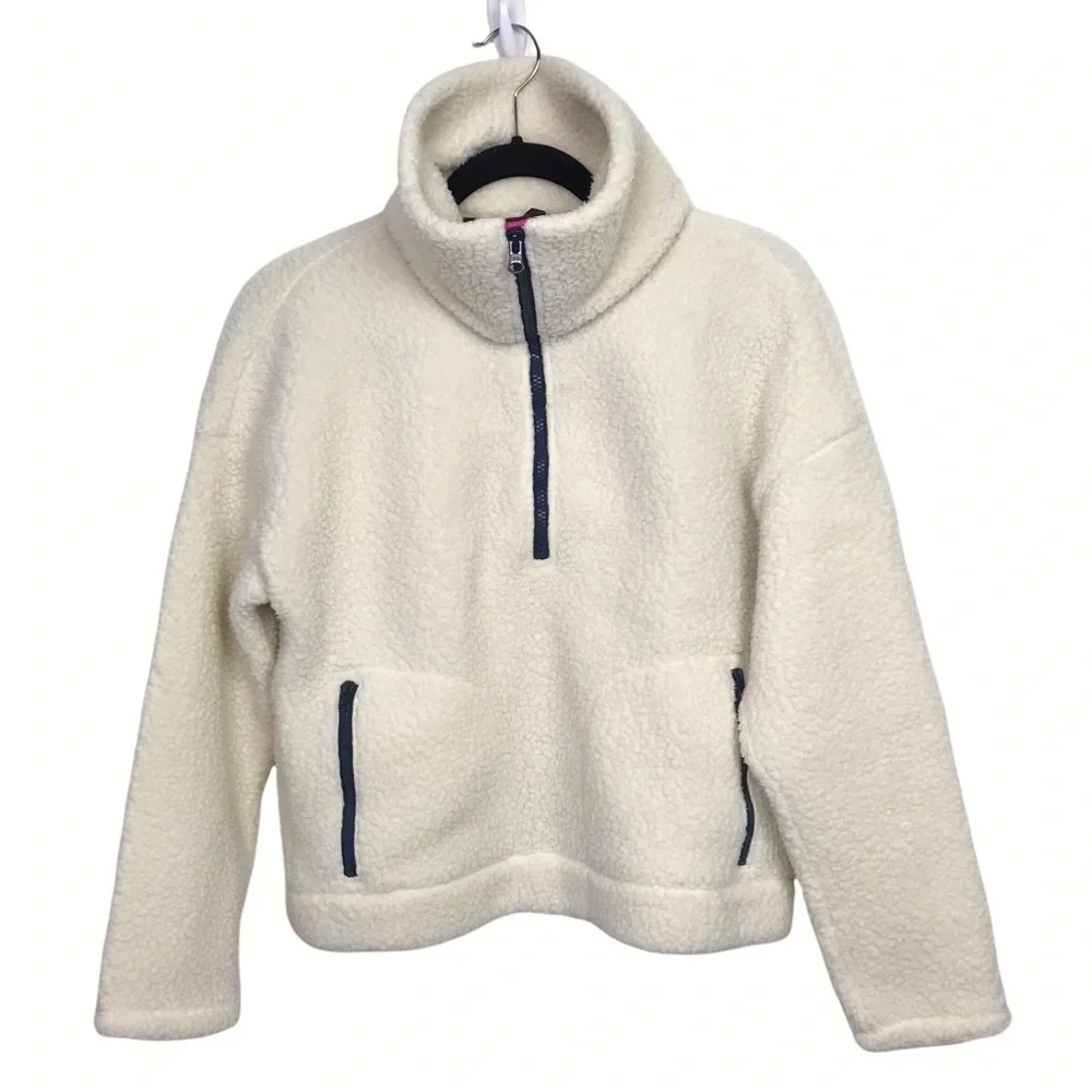 J Crew Ivory Crop Half Zip Polartec Fleece Pullover Sweater